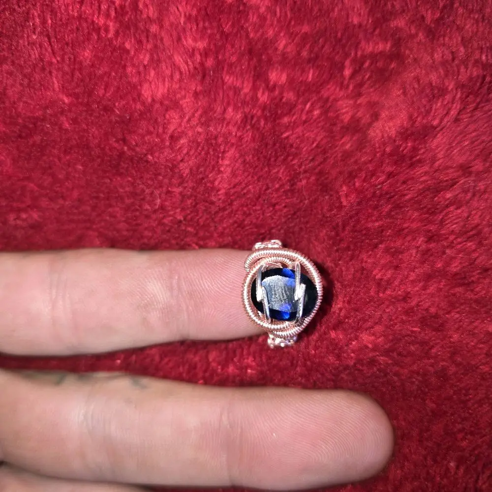 Blue African Sapphire Ring with Copper Wire and Silver Tarnish Resistant Coating for Elegant Jewelry