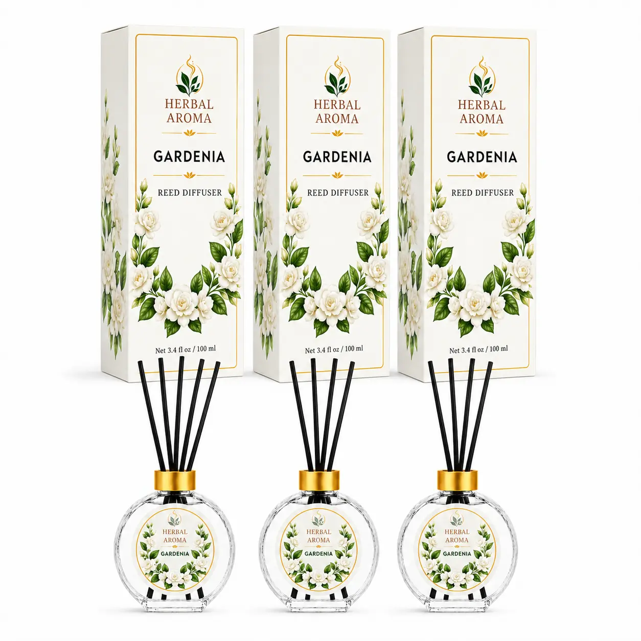 Herbal Aroma Gardenia Reed Diffuser Set, 3 Pack Home Fragrance Diffusers, 100 mL Each, 300 mL Total, Floral Reed Diffusers for Home, Bedroom & Office