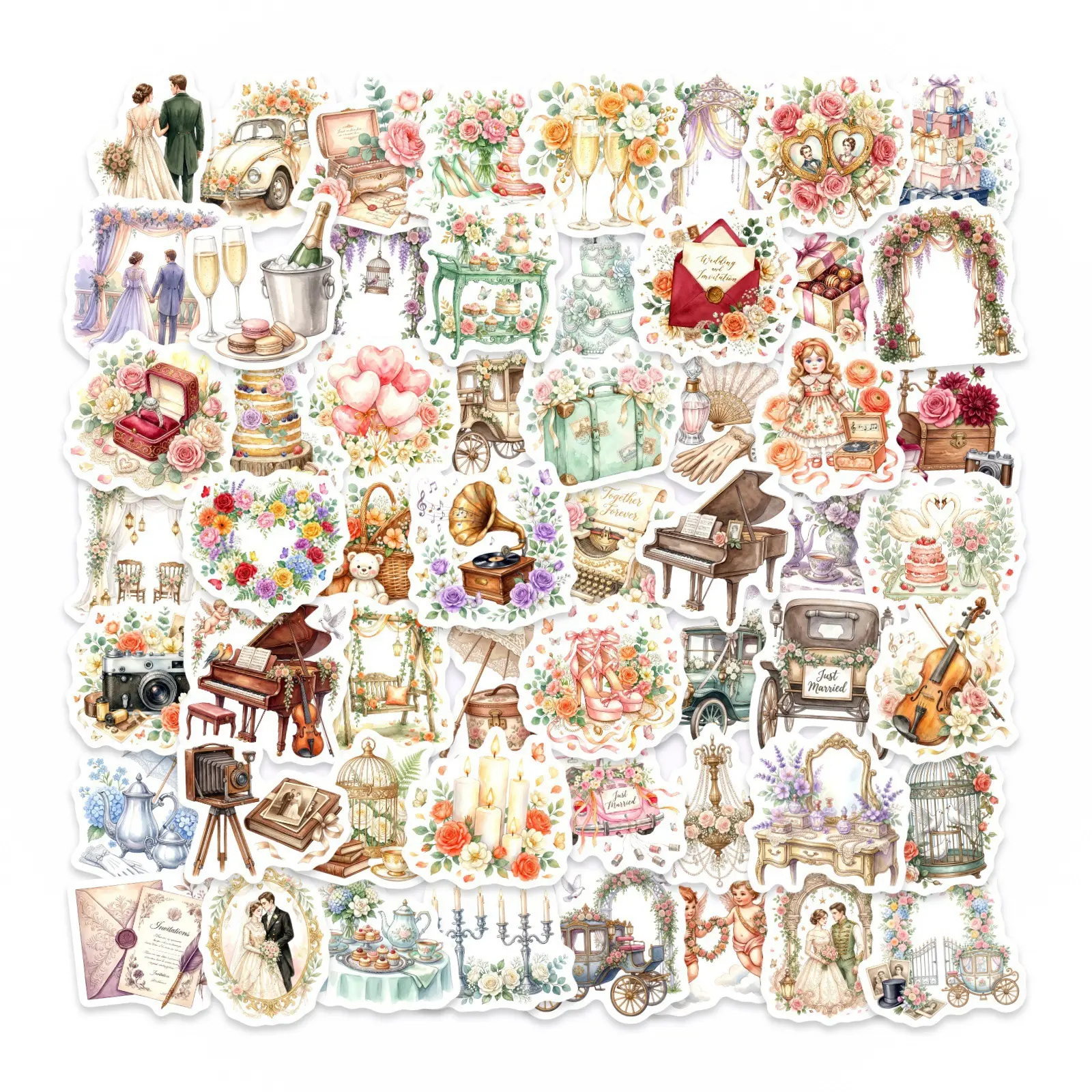 A Collection of 50 Vintage Watercolor Wedding-themed Stickers, Decals, Perfect for Scrapbooks, Journals, Laptops, Water Bottles, Cars, and Other Faith-based Designs—gifts with Positive Messages.