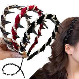 BUY 1 Get 2 FREE Vintage High Cranium Artificial Pearl & Rhinestone Hairband - 3 Pcs Hairbands for Women's Hair, Elegant Beaded Head Band, Hair Accessories for Wedding, Party or Daily Wear Zig Zag Headbands Zigzag Headband