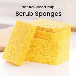6 Counts Compressed Wood Pulp Sponges for Washing Dishes and Cleaning the Kitchen and Bath, Non-Scratch Natural Scrub Sponges,best for Non-Stick Cookware in Household and Kitchen