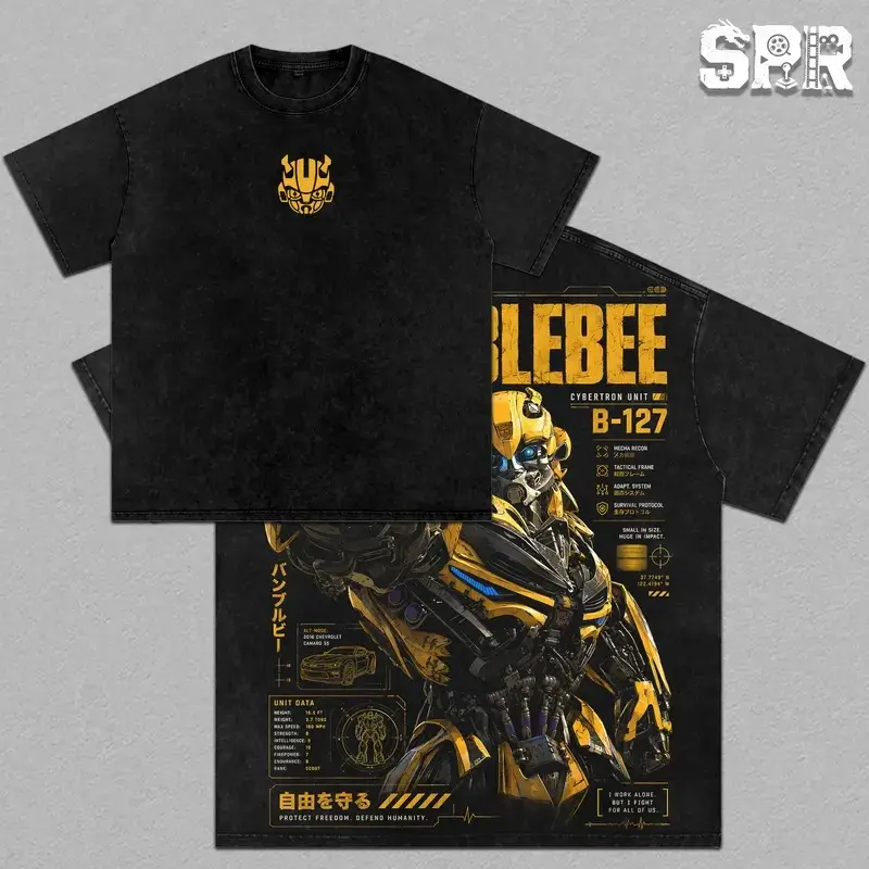 Bumble Bee Graphic Vintage Washed Shirt, Robot Oversized Tee, Heavy Cotton Streetwear T-Shirt, Retro Action Sci-Fi Movie Apparel, Unisex Boxy Fit, Collector Merch, Fan Favorite Gift