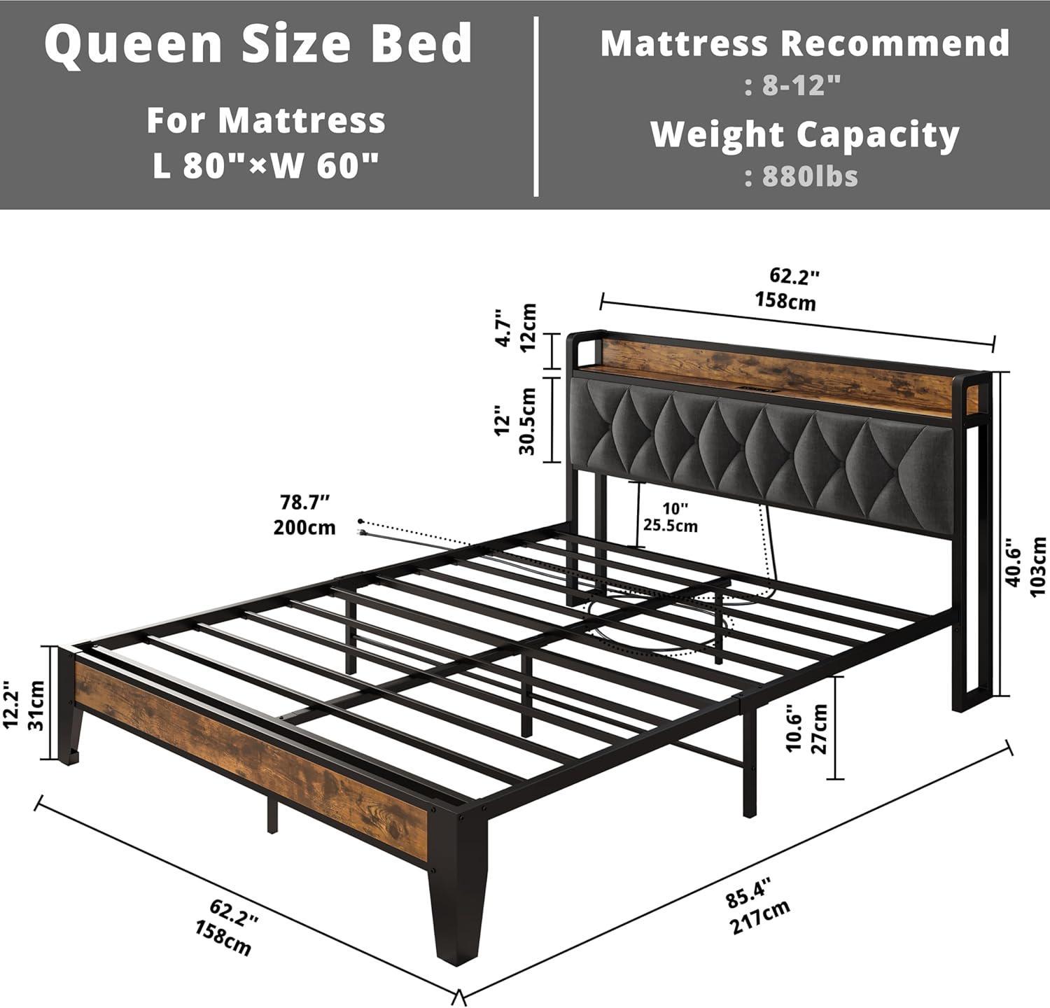 ANCTOR Twin/TwinXL/Full/Queen/King/CaliforniaKing Bed Frames, Storage Headboard with Outlets, No Noise, No Box Springs Needed