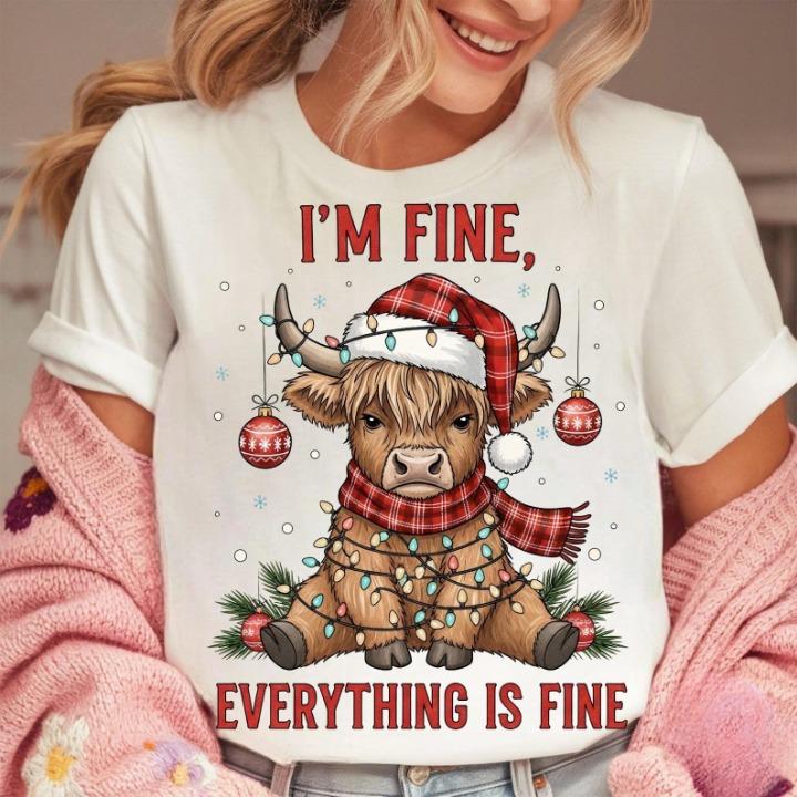I’m Fine Everything is Fine Christmas T-shirt Funny Highland Cow Holiday Lights with Santa Hat Sublimation Women’s Casual Crewneck Top