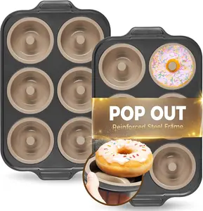 2 Pack 6 Cavity Silicone Donut Pan for Baking with Metal Frame, Nonstick Non Toxic Silicone Donut Mold for Oven, Just Pop Out Donut Bakeware, Gray