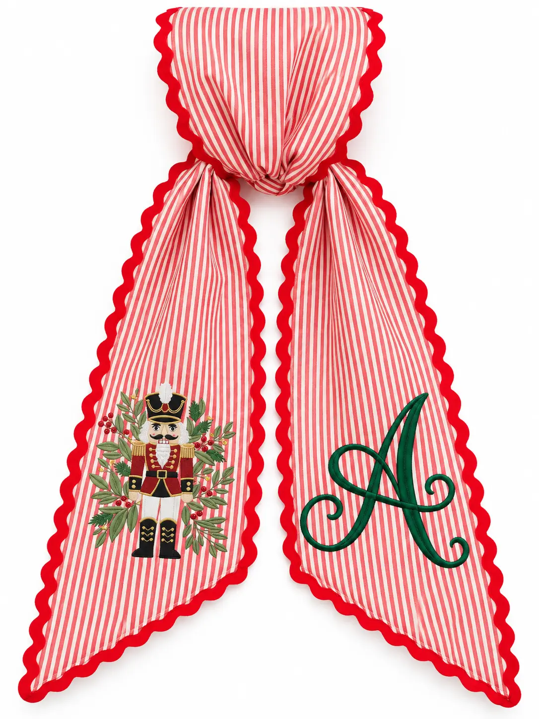 Personalized Nutcracker Christmas Wreath Sash, Custom Text Embroidered Holiday Door Bow, Red White Striped Green Monogram Sash, Festive Front Door Christmas Decor  Copy Title