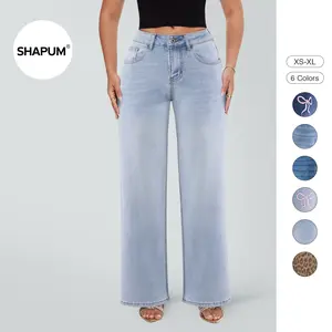 Magic SHAPUM Linda Mid-Low Rise Stretchy Baggy Jeans Wide Leg Denim Pants Distressed Bow Embroidery Curve Hugging BBL XS-XL