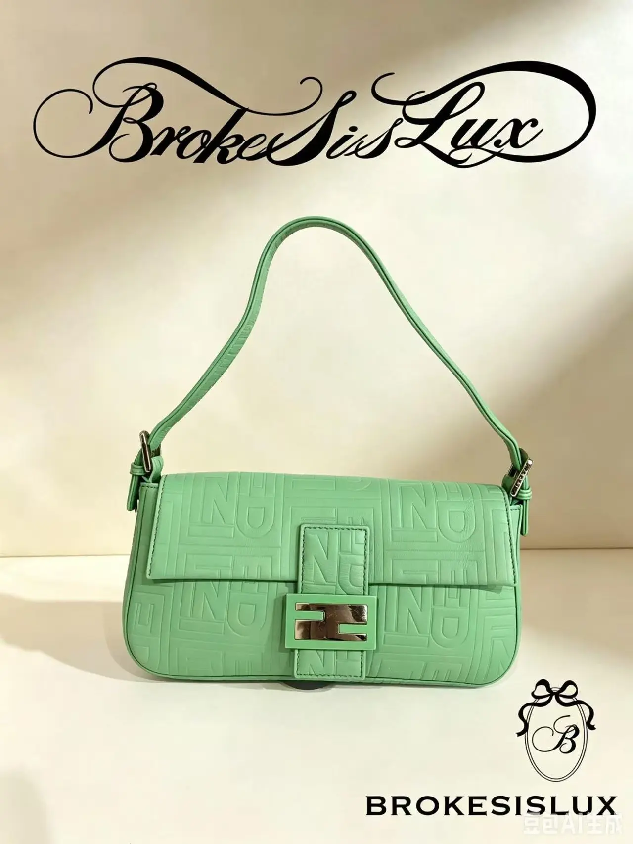 Pre-owned FENDI Mint Green Embossed FF Leather Baguette Bag | Silver FF Twist Lock, Single Thin Shoulder Strap