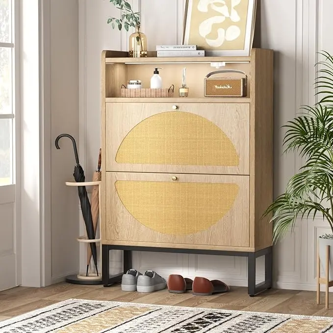 [Summergarden] Vabches Shoe Storage Cabinet, Rattan Shoe Cabinet with 2 Flip Drawers & Sensor Light for Entryway, Narrow Free Standing Shoe Racks for Entryway, Hallway