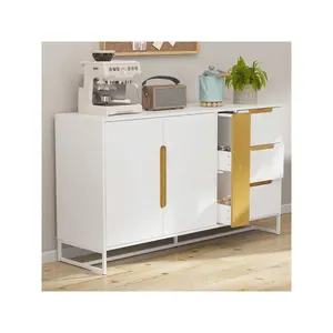 FUFU&GAGA Sideboard Buffet Storage Cabinet with Adjustable Shelves, Drawers & Hidden Storage, Modern Two-Tone Credenza Console Cabinet with Metal Legs for Kitchen, Living Room Furniture Organization Design Minimal Aesthetic