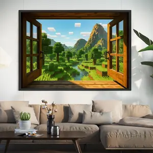 Block Video Game Decor, Steve Craft Poster, Mine Movie Poster, Gaming Room Poster, Wrap, Print, Field of Blocks Game Wall Art