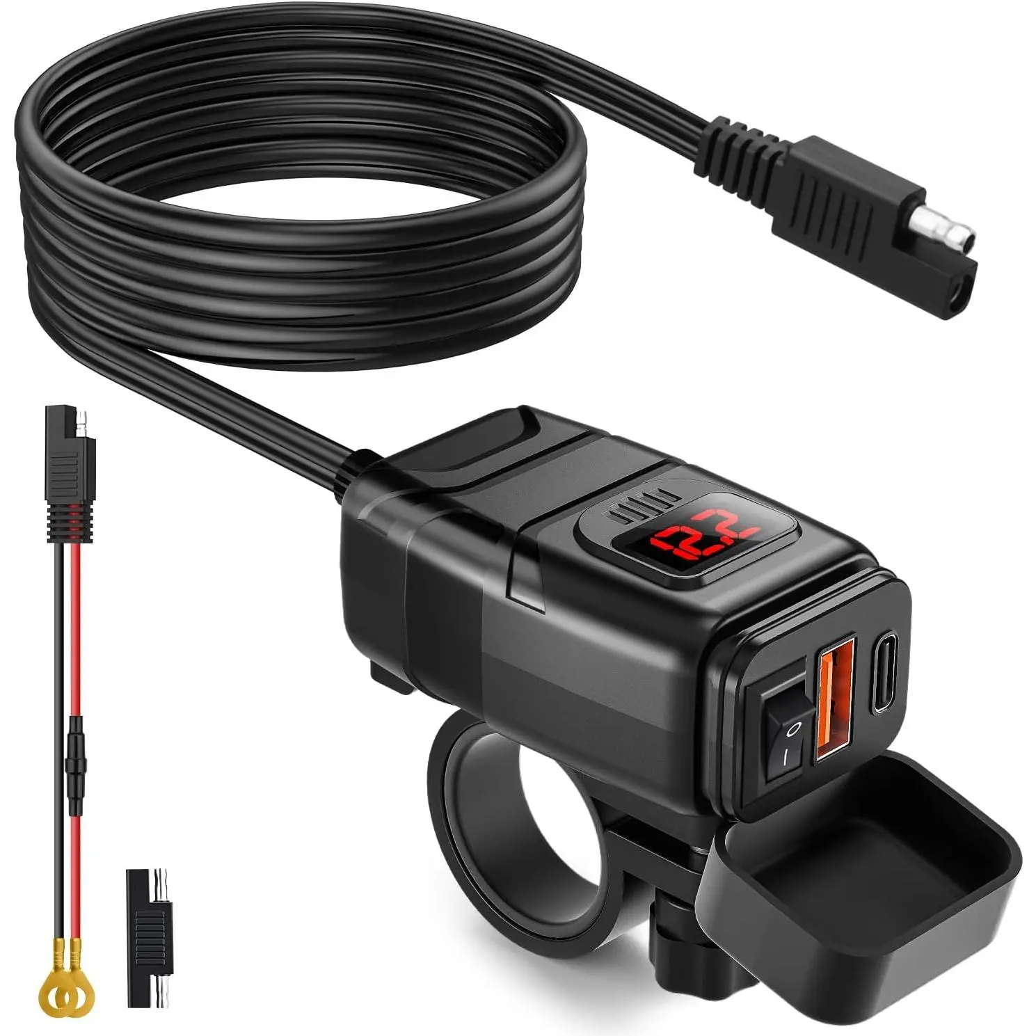 Waterproof  Motorcycle Phone Charger – 6.4A Dual USB Type-C PD QC3.0 with Voltmeter & ON/Off Switch for Phone, GPS, Tablet