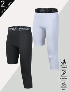 2pcs Men's Seven-Quarter High Elastic Compression Pants, Moisture-Wicking Sport Running Underwear, Knee-Length Fitness Basketball Training Shorts, Tight Fitted Shorts