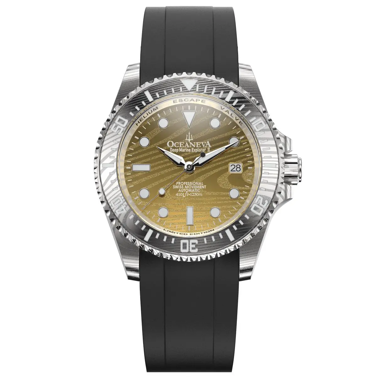 Oceaneva Men's Deep Marine Explorer II - 1250M Swiss Dive Watch with Yellow Gold Damascus Steel Dial & FKM Rubber Band