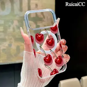 Magnetic Phone Case for iPhone 17 16 Pro Max Plus 15 14 13 12 11 Air Sexy Red Cherry Graffiti Pattern Anti-Yellowing Shockproof ultra-thin Silicone Crystal Transparent Acrylic Large Hole Cover Supports Wireless Charging