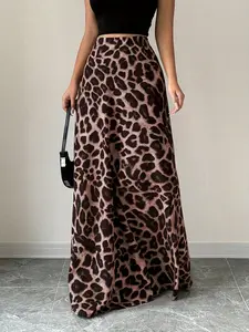 Elegant Long Maxi A-Line Fitted Leopard Print Skirt Bottom, Stretchy Waist Design for Women, Perfect for Casual & Party, Stylish Ladies' Clothing Womenswear
