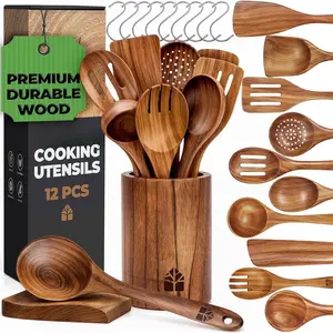 Wooden Spoons for Cooking - Wooden Cooking Utensils Set with Holder, Spoon Rest & Hooks, Teak  Nonstick Kitchen Cookware - Durable Set of 12 count by