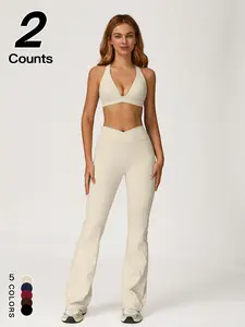 Women's Sporty V-Neck Crop Top & High-Waist Leggings Set, Gym Workout Clothes, Quick-Dry Fitness for Running & Outdoor Activities