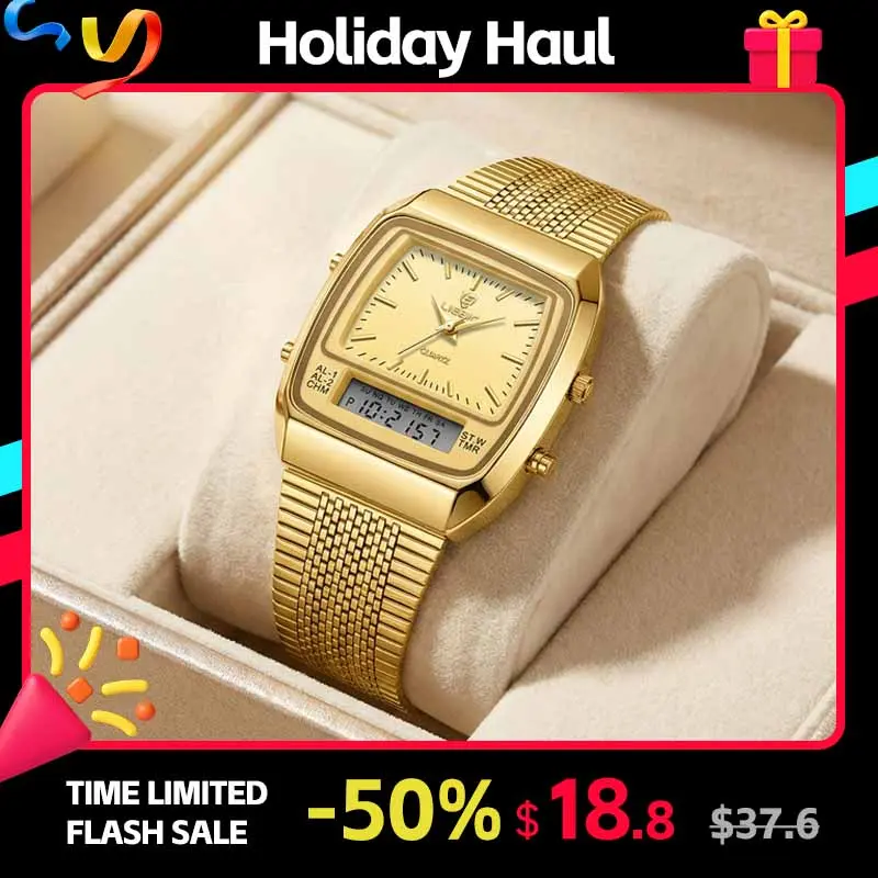 LIEBIG watches for men 34.5mm x 40mm x 10.5mm case 3ATM waterproof and scratch resistant mirror dual time zone fashionable gold watch multifunctional timing alarm clock digital sports watch couple's New Year gift