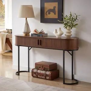 【Valentine's Day Gift】ONBRILL 55.1" Fluted Console Table With Tambour Doors And Metal Base For Hallway, Living Room
