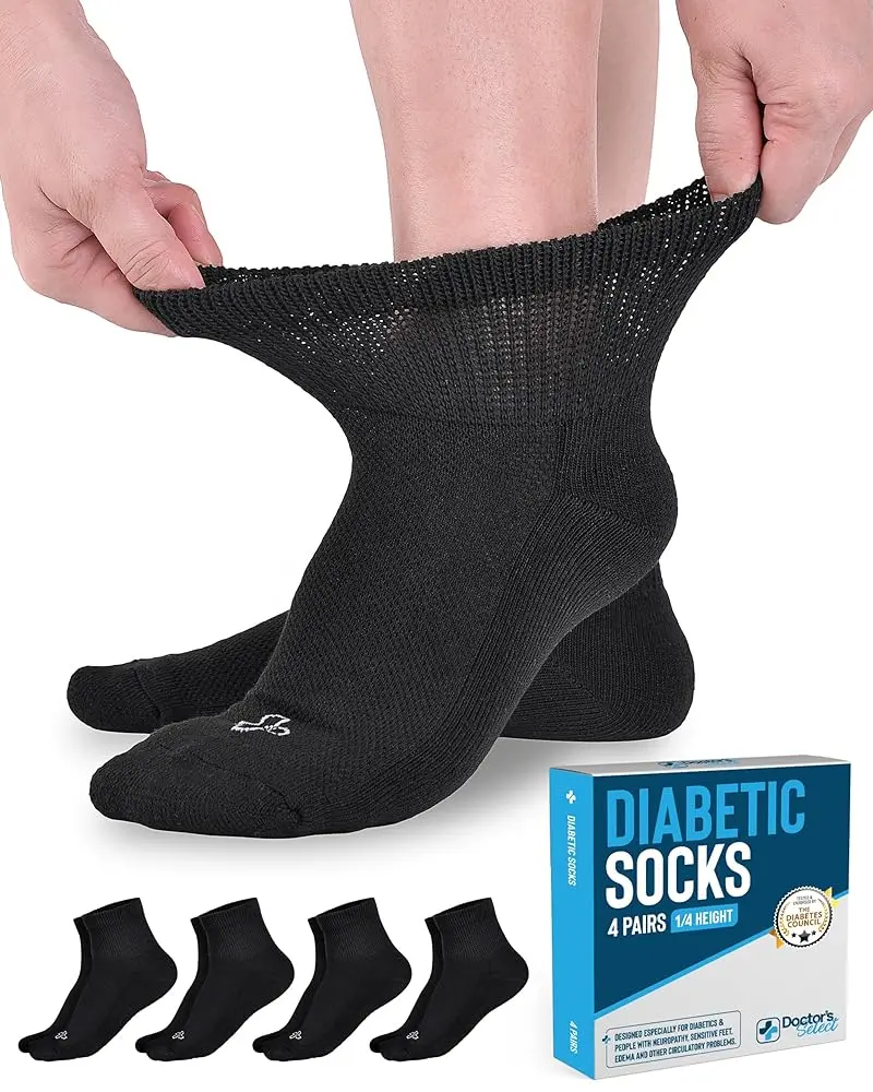 Doctor's Select Men's Diabetic Quarter Ankle Socks - 4 Pairs, Smooth, Soft, Loose, Neuropathy Support Socks (Suitable for Women Too), Menswear