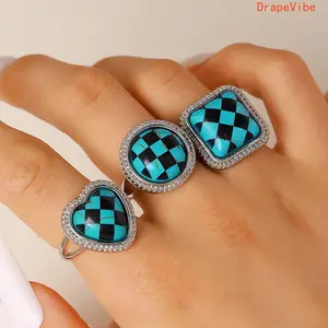 Women's Retro Boho Silvery Synthetic Checkered Heart‑Shaped Ring Unique Trendy Jewelry For Daily And Party Occasions