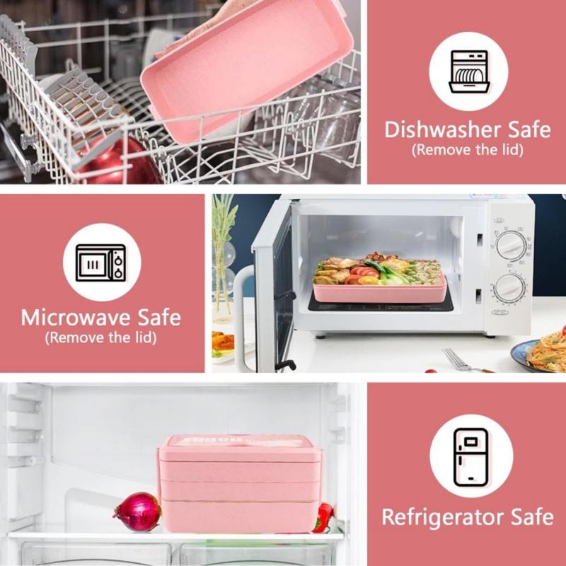 35-Piece Lunch Box Kit Leakproof Bento Lunch Box for Adults Wheat Straw 3-Layer Stackable Lunch Containers with Compartments Eco-Friendly Meal Prep Containers (Pink) Three-Compartment Leak-Proof