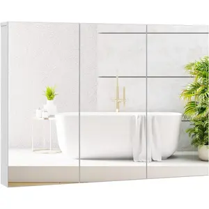 【Limited time deal】BM-CYW  Mirrored Medicine Cabinet, Large Wide Wall Mounted Storage Cabinet with 3 Mirror Doors, Hanging Bathroom Organizer, White, 34.5 x 5 x 25.5 Inches
