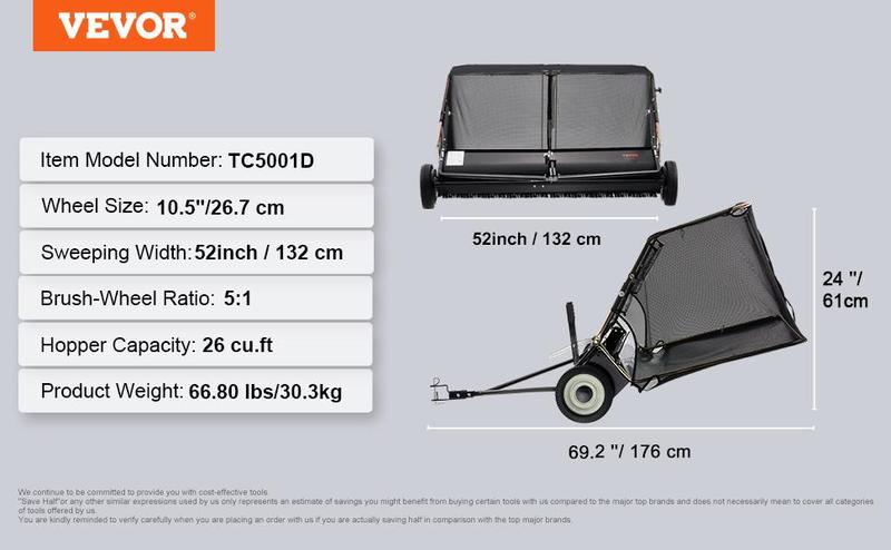 VEVOR 52-inch Lawn Sweeper Tow Behind, TikTokShopBlackFriday, 26 cu.ft. Large Pull Behind Grass Sweeper, Heavy Duty Leaf & Grass Collector with Dumping Rope Design, Adjustable Sweeping Height for Picking Up Debris & Grass