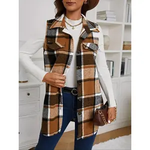 Women’s Plaid Print Button-Front Vest Coat, Casual Sleeveless Collared Outerwear for Everyday Wear, Ladies’ Clothing for All Seasons