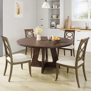 Classic 47-Inch Round Dining Table for 4-6 – Farmhouse Wooden Top, Sturdy Pedestal Base – Rustic Grey Brown Finish – Dining Room, Kitchen, or Living Room