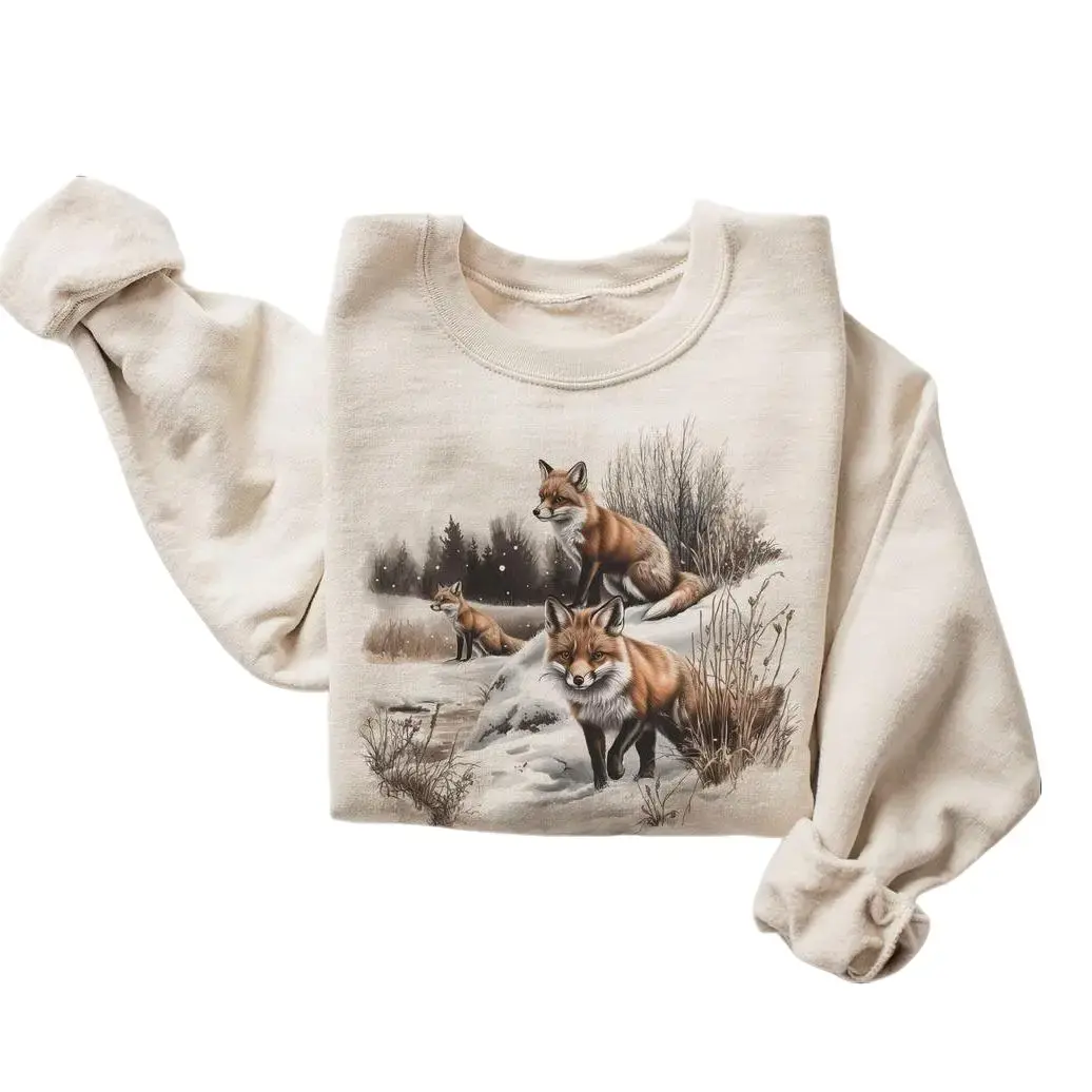 Women's Retro Red Fox Printed Long Sleeve Hoodie - 90s Snowy Forest Wilderness Cotton Fabric Casual Sweatshirt