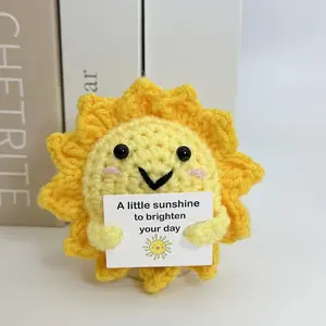 Funny Positive Crochet Sunshine Doll Desktop Ornament Handmade Cheer Emotional Support Positive Sun with Card Home Party Decor