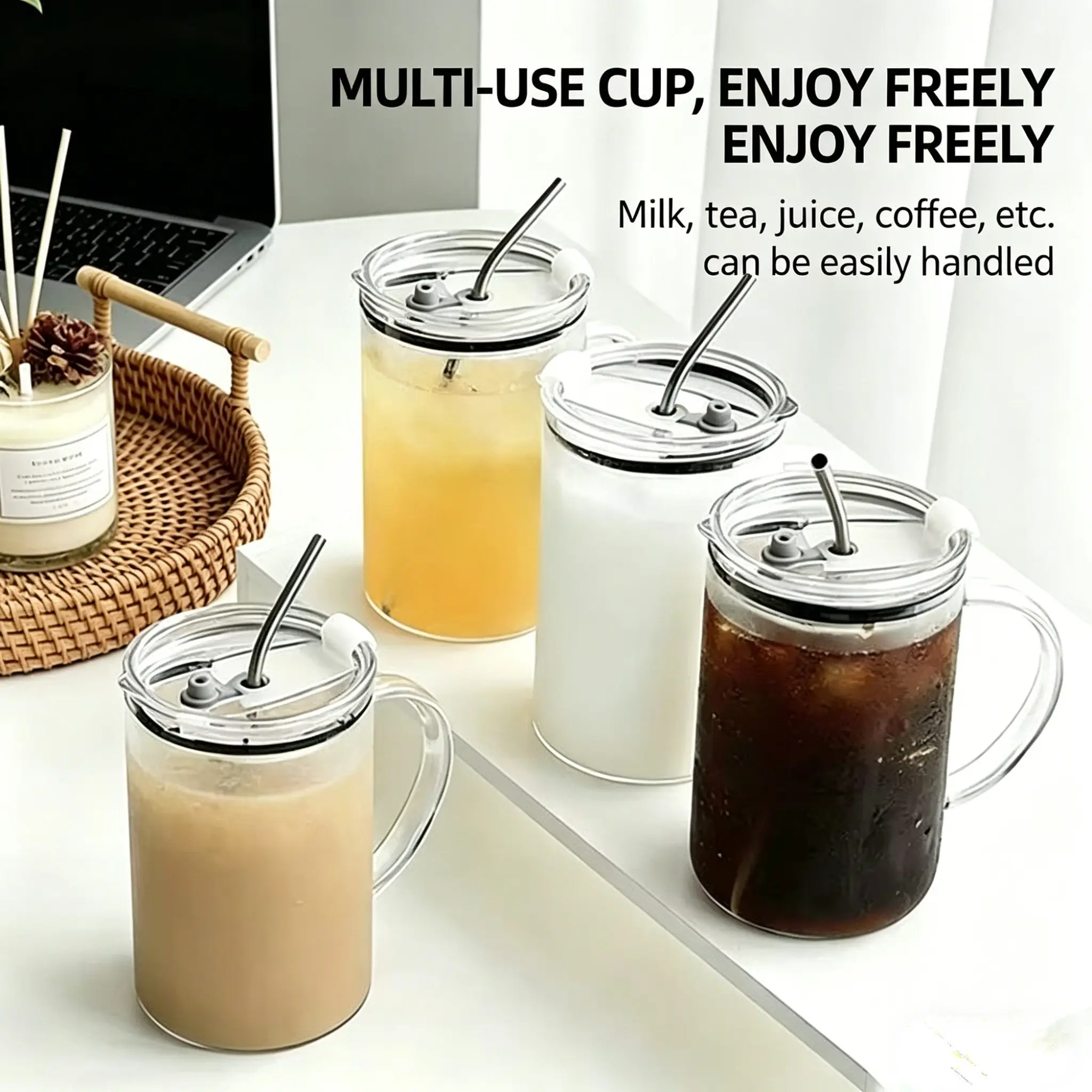 1000ML High Borosilicate Glass Cup, Thickened Glass Cups, Stylish Handle Mug, Heat Resistant Thick Body, Stainless Steel Straw, Ideal for Home Office Beverages, Clear, Iced Coffee Glasses, Glass Iced Coffee Cups