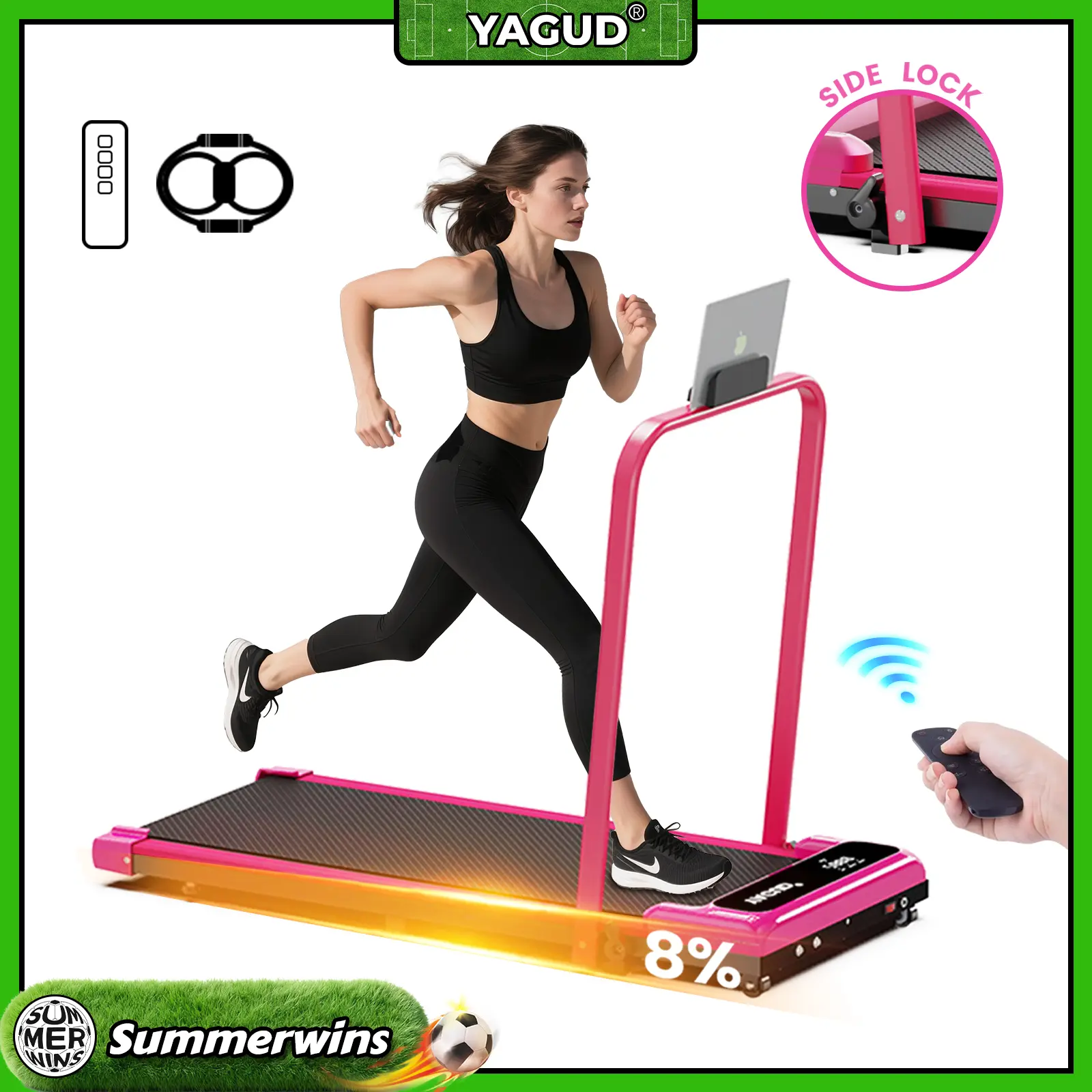 【New Arrival】SUMMERWINS YAGUD Electric Folding Treadmill with Handrail, Low Noise Motor – 265lbs Weight Capacity Spacious Belt Walking Pad, Dual Shock Absorption, Remote Control & Wheels for Easy Moving – Includes Free Resistance Bands and Remote