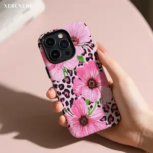 Pink Floral Leopard Print 2 in 1 PC Hard + TPU Soft Phone Case, Matching Phone Cases Cover Phone Funda Para Phone, Gift Phone Case for iPhone 11 12 13 14 15 16 16e 17 Pro ProMax Air,Galaxy S26 S25 A56 A55 A17 A16 (Matte/Glossy Optional)