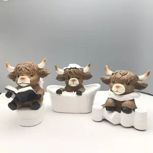 Bathroom Highland Cow Resin Craft Set, Home Statue Decorations, 3-Piece Figurine Collection, Unique Bathroom Accessories, Interior Decoration Accessories, Resin Animal Sculptures