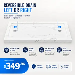KPUY Shower Base, 48‘’-60'' L X 32''-36‘’ W Shower Pan with Reversible Installation Drain, Slip Resistant Design & Non‑Integrated Flange, Carrara White