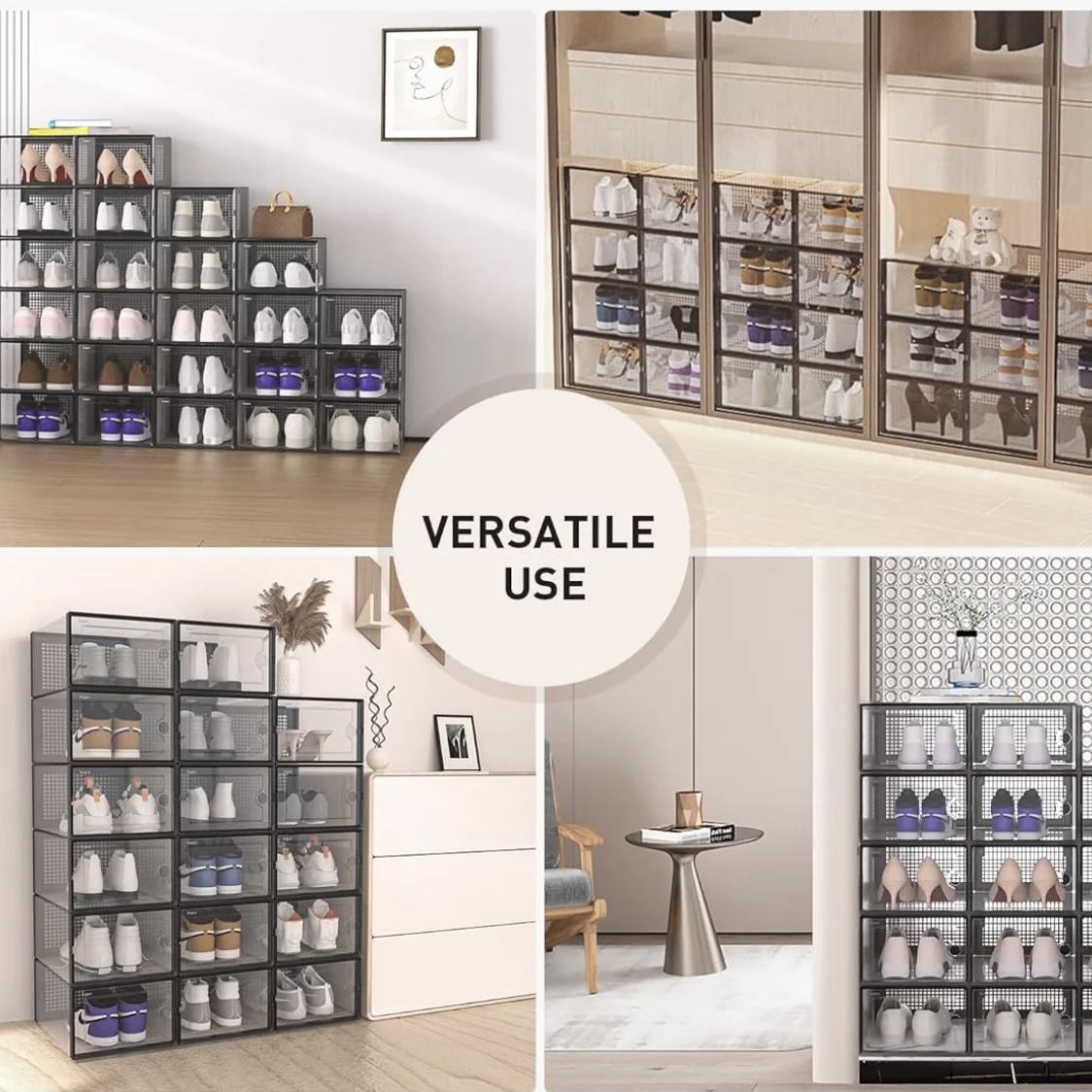 X-Large Shoe Storage Boxes Organizers Clear Plastic Stackable 12 Pack, Shoe Rack & Holder Substitute, Sneaker Containers, Toy Storage Organizer Bins for Entryway, Closet, Under Bed, Black