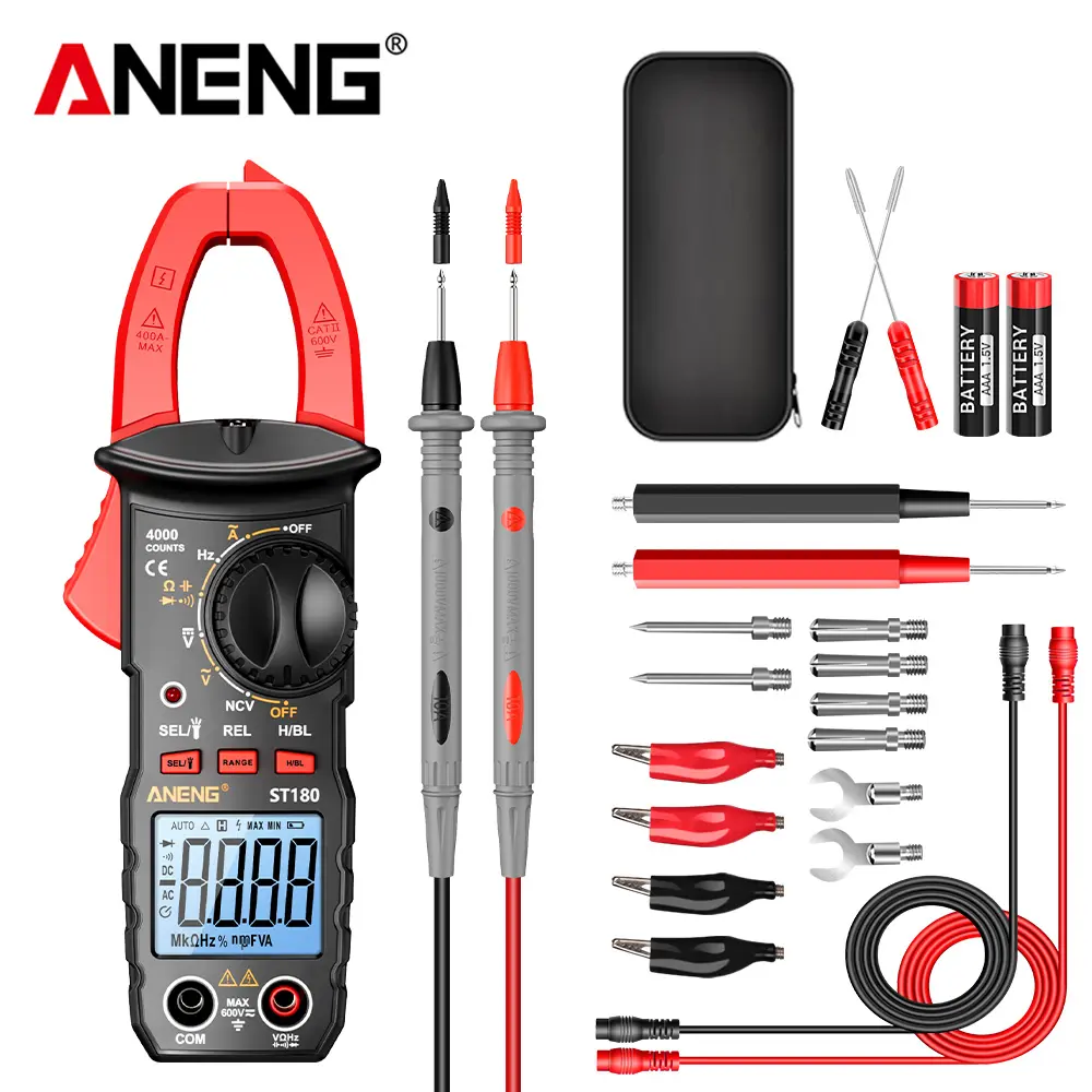 ANENG ST180 Digital Clamp Meter Multimeter Tools with D-Shaped Jaw, Auto-Ranging 4000 Counts, AC/DC Current & Voltage Tester, Temperature Continuity Diode NCV Measurement, Flashlight Backlight, 1 Combination Lead, 1 Instruction Manual