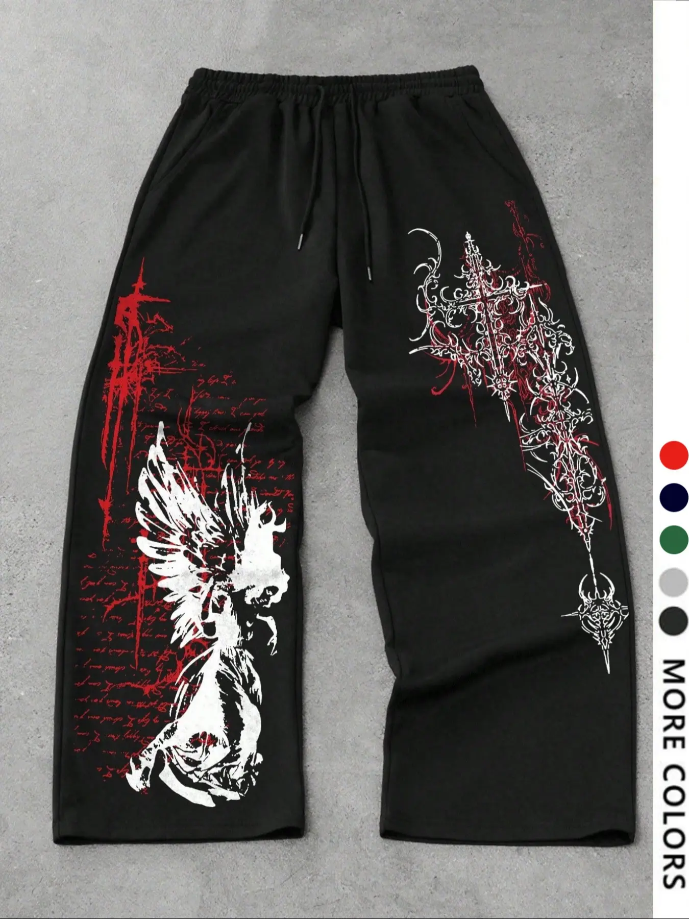Men's Casual Sporty Long Pants, Sports Casual Pants, Angel & Cross Pattern Print, Drawstring Wide Leg Loose Fit, All Season Men's Fashion Bottoms, Athleisure Style, Casual Sportswear Pants, Casual Comfy Sporty