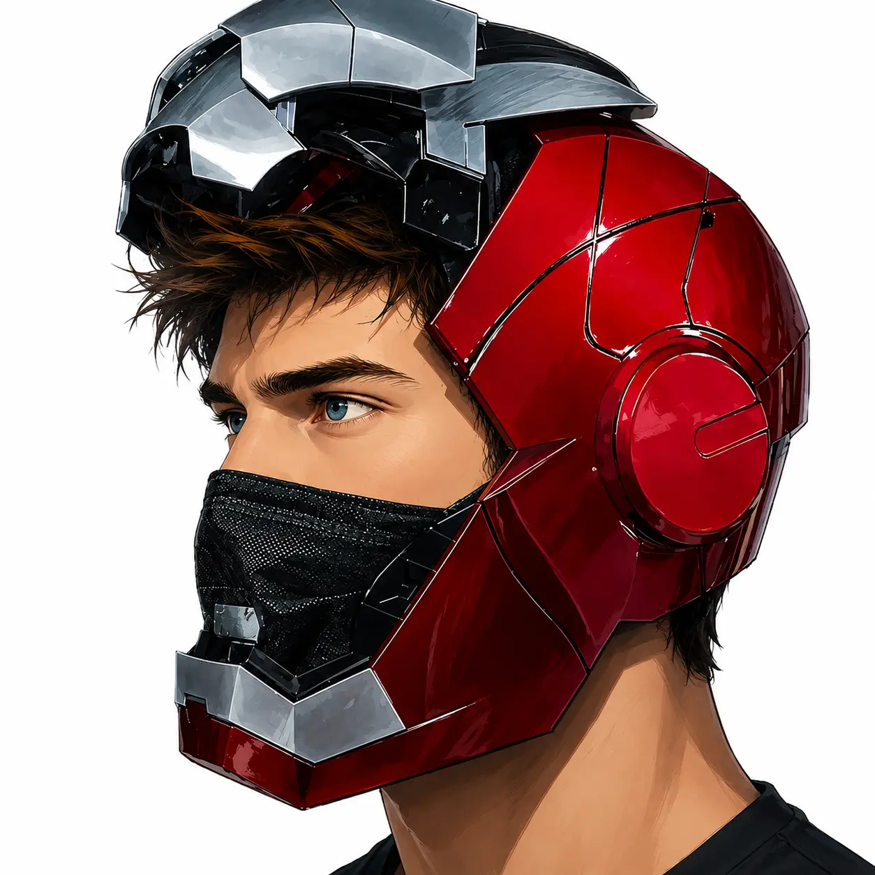 Silver Sci-Fi Wearable Armor Helmet, Voice-Sensing Touch & Wireless Remote Control, Dual-Eye LED Ambient Lighting, Immersive Simulated Sound Effects, Men & Teen Collectible Party Costume Prop (Desktop Display Ornament)