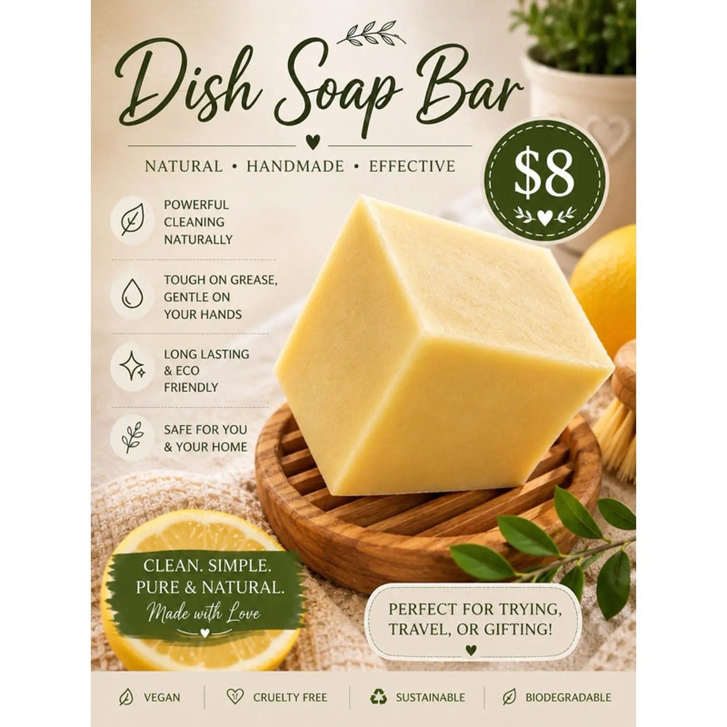 Dish Soap Bar - Natural Handmade Effective Soap Bar for Cleaning, Travel, or Gifting - Vegan, Cruelty-Free, Sustainable, and Biodegradable