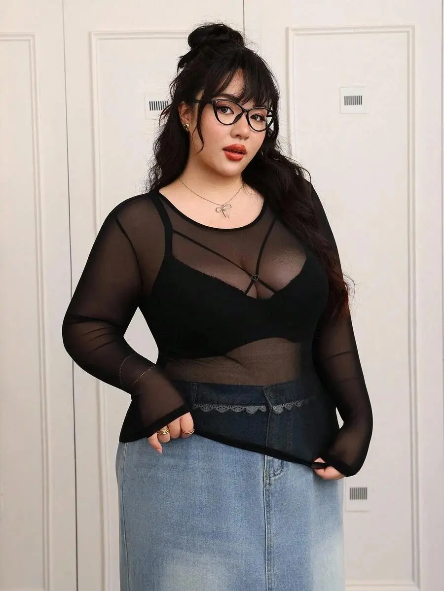 LUNA LAYER Plus Size Women's Mesh See Through Long Sleeve Top Black Casual Fabric