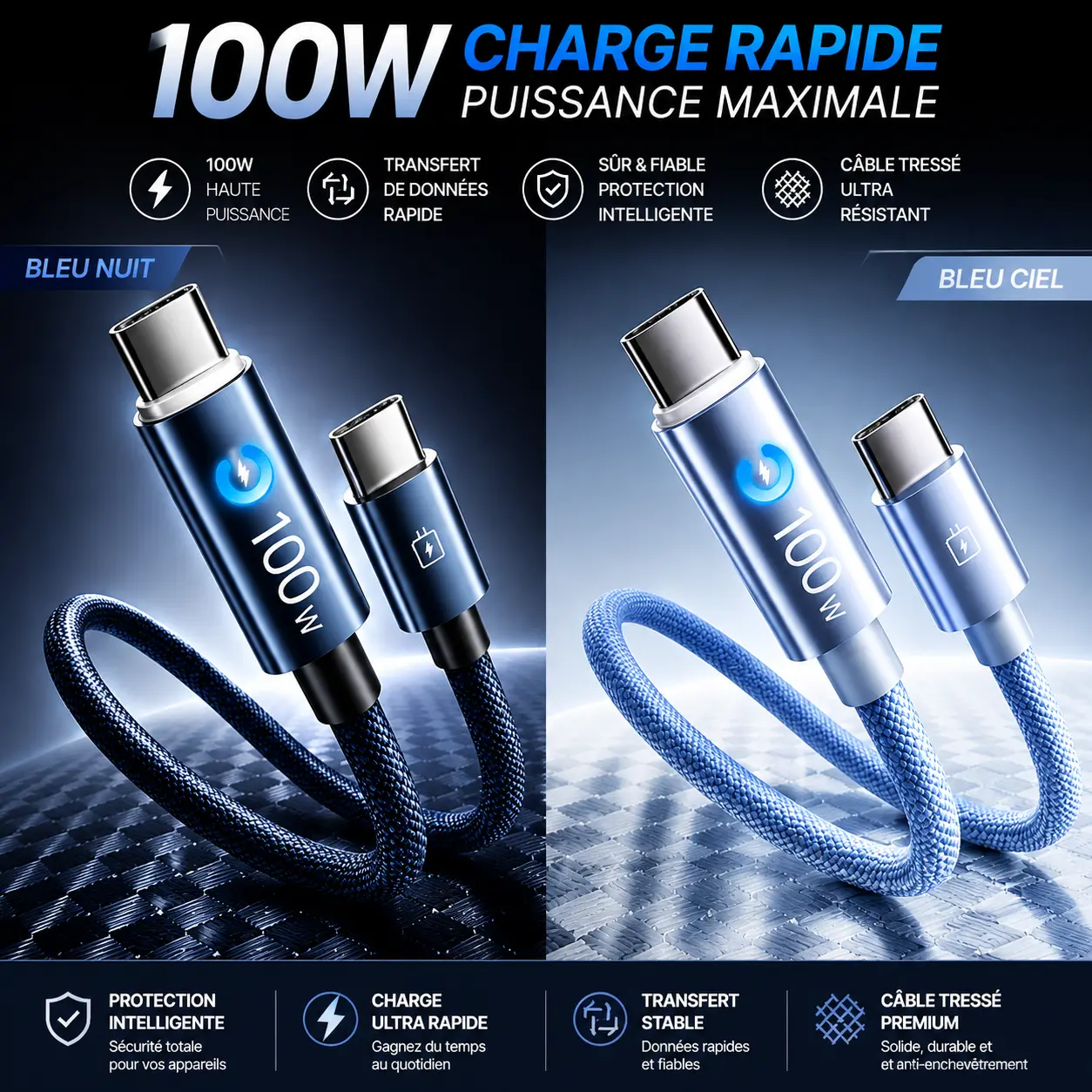 Universal Super Fast Charging Cable with Breathing Light, Auto Power Off When Fully Charged to Prevent Overcharging, Compatible with iPhone Android Phones, Tablets & Earphones, Battery Safe Charging
