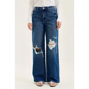 Judy Blue High Waist Rigid Magic Column Adjustable Waistband Tabs Straight Leg Destructed Jeans 881115, Stretchy Back, Cotton Front Comfy womenswear Denim Bottom