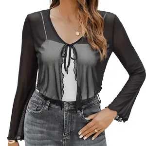 Avidlove Womens Sheer Shrug Tie Front Long Bell Sleeve Mesh Bolero Lightweight Summer Casual Short Shawl Top