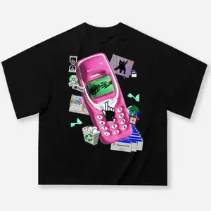 FEEGO Pink Pager Retro Print Boxy T-shirt, Y2k Fashion, Y2k Clothing, Vintage T-Shirt, Unisex Cotton Crewneck T-Shirt Menswear Womenswear Streetwear Top Men's Faith Winter Gangsta Graphic