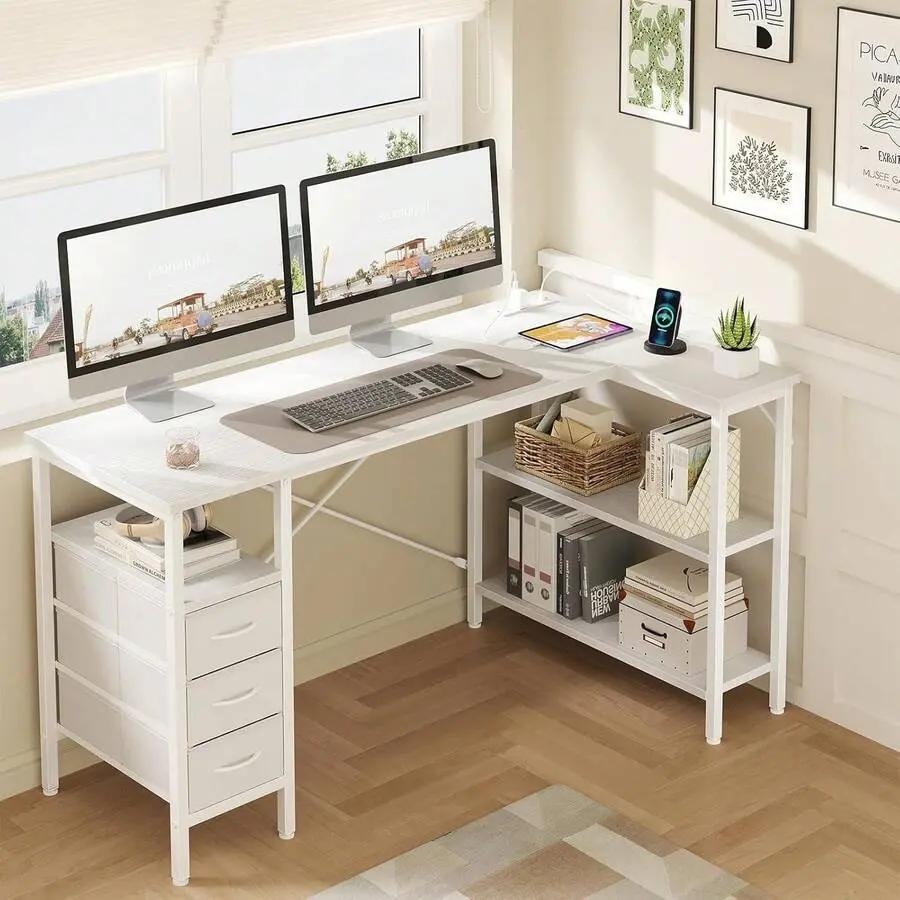 White L-Shaped Modern Durable Wood Gaming Study Desk - Compact Desktop Computer Armoire, Reversible Shelves, Adjustable Shelving, Drawers (22 lbs per Drawer), Power Outlet, USB Port, 1 Type-C Port, Steel X-Bar Support, Home Office Storage, 198 Lbs, Scratc