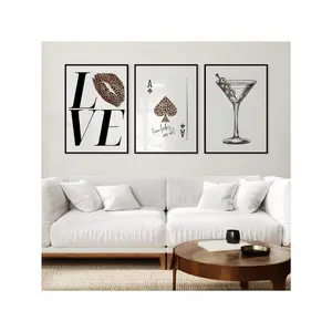 Wall Art Set Of 3 Leopard Wall Art Apartment Decor Aesthetic Posters, Martini Print Eight Ball Poster Ace Of Spades Lucky Girl Decor Canvas Painting Posters And Prints Wall Art Pictures For Living Room Decoration